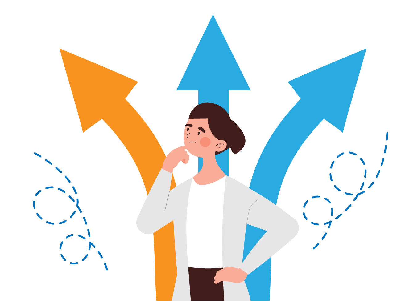 Illustration of Lucinda Maine with arrows pointing up in different directions behind her.
